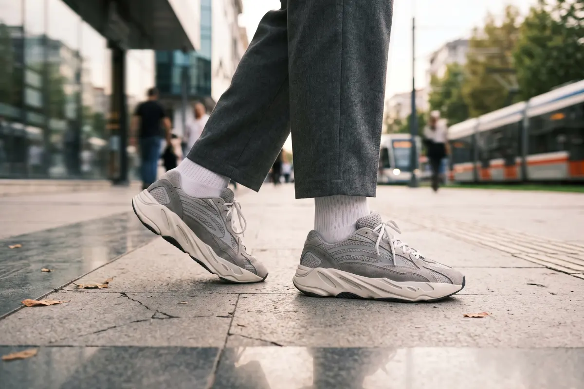 Close-up street style shot of grey retro dad sneakers paired with white socks and wide-leg grey trousers.