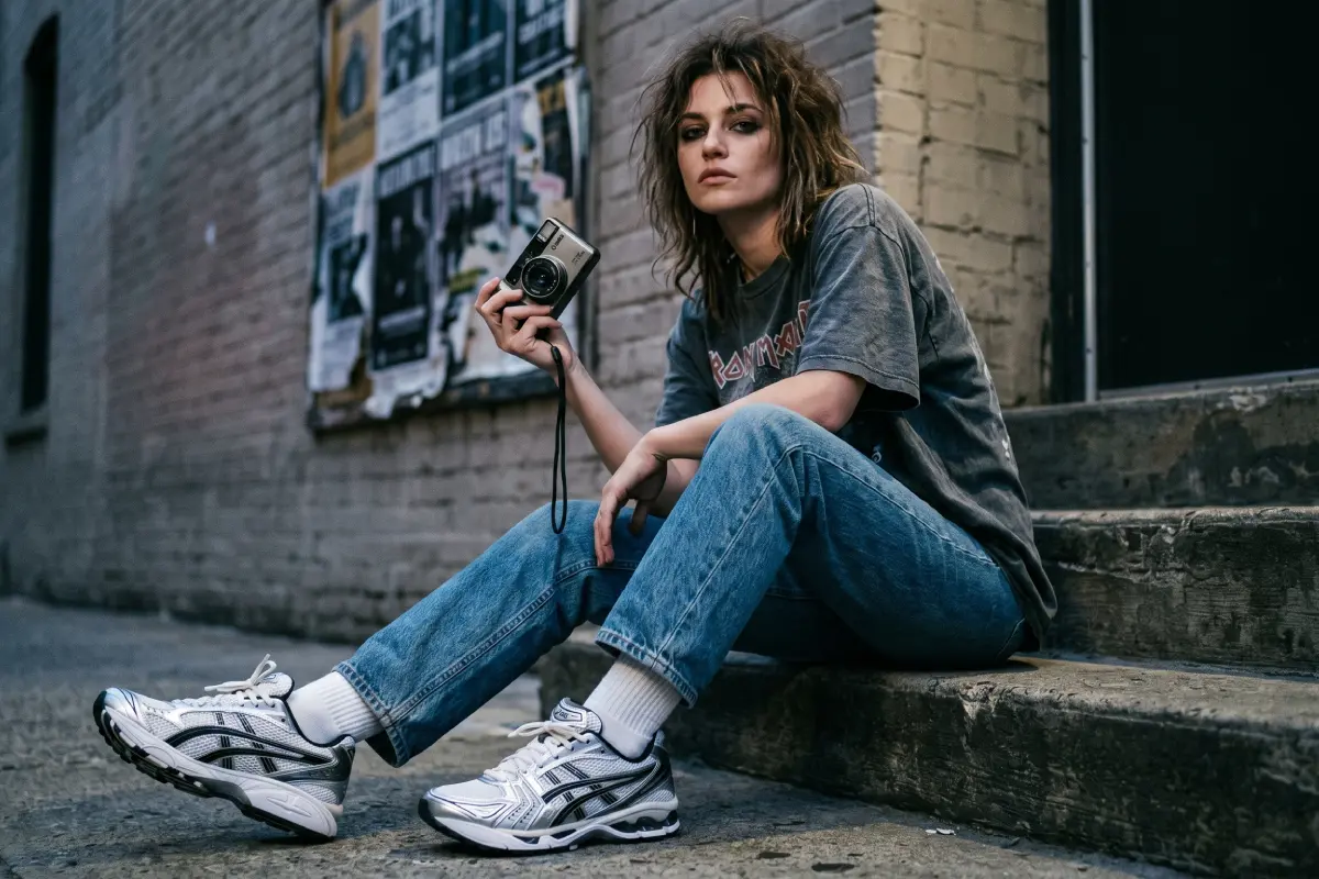 How to style vintage graphic tees with ASICS Gel-Kayano 14 modern runners for a trendy Indie Sleaze streetwear outfit.