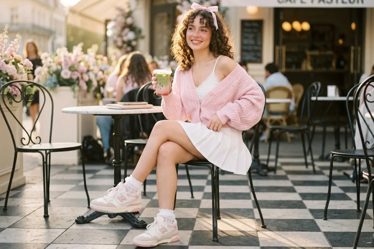 Soft girl aesthetic outfit featuring pastel lace, a fluffy cardigan, and retro New Balance 550 sneakers in warm sunlight.