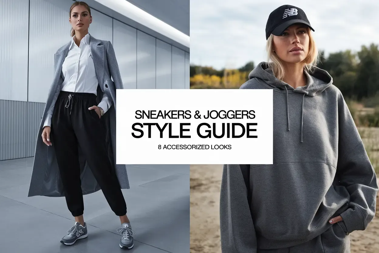 Split fashion photo: left shows professional look with joggers and coat, right shows casual style with hoodie and cap, text reads Sneakers & Joggers Style Guide