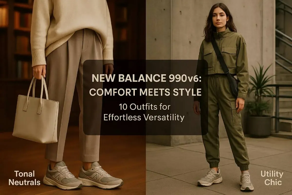Two women wear New Balance 990v6-left in neutral cashmere and taupe trousers, right in olive cargo suit; bold overlay headline at center.