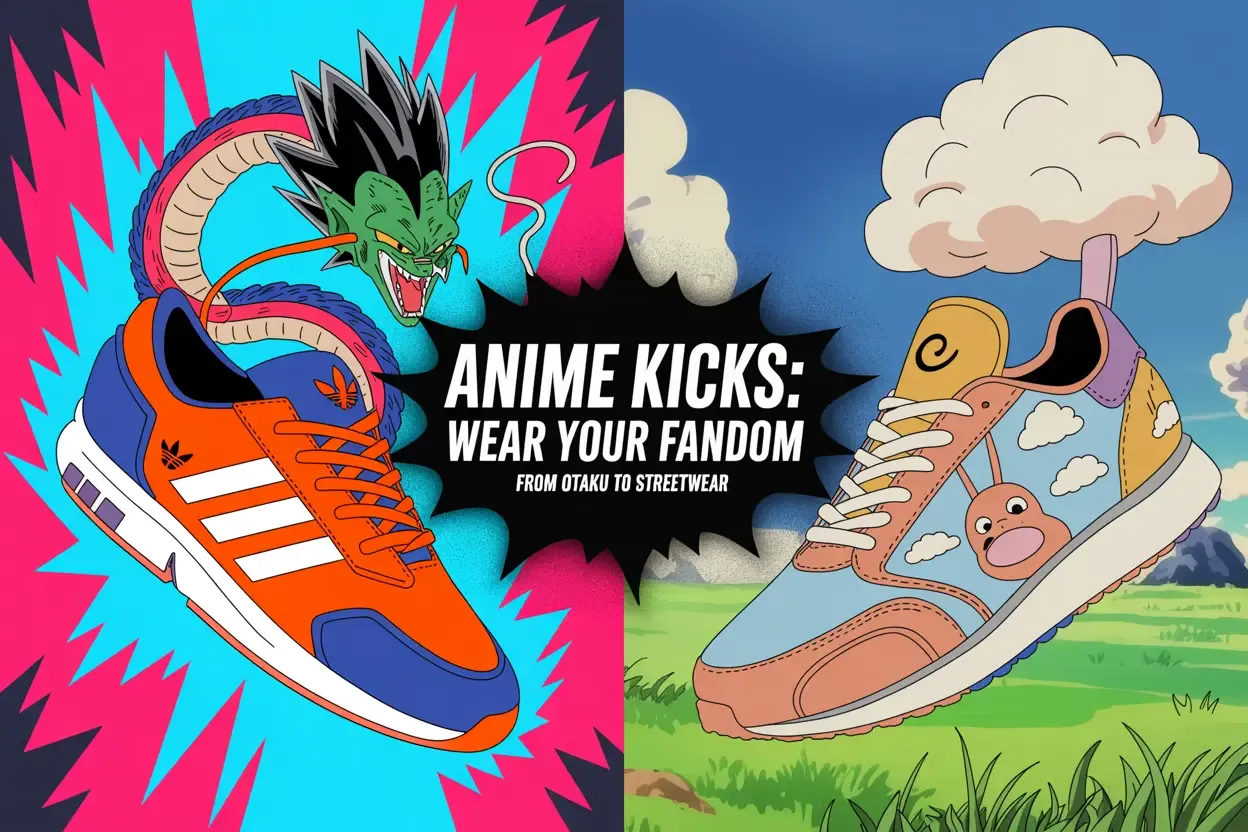 Split illustration shows an orange and blue Adidas sneaker with a dragon design on the left, and a blue and orange sneaker with clouds and a pink character on the right.