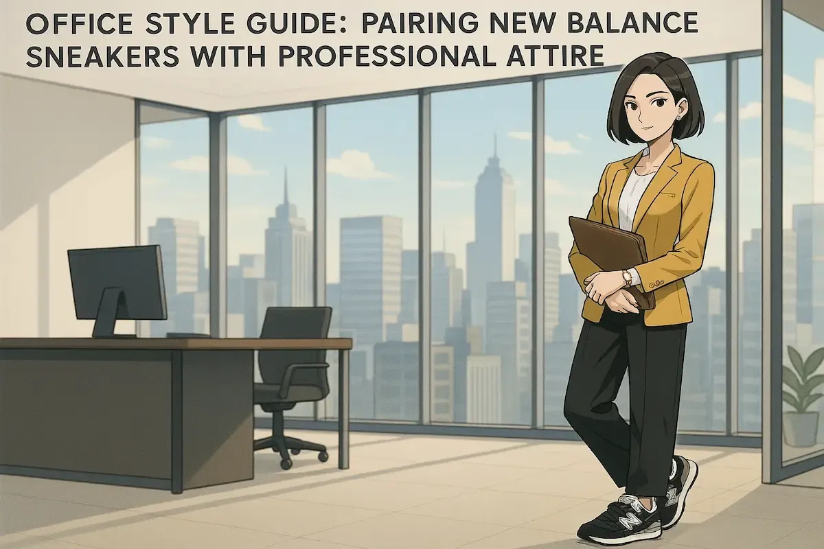 A cartoon illustration of a professional woman wearing a mustard yellow blazer, black pants, and New Balance sneakers standing in a modern office with large windows overlooking a city skyline.