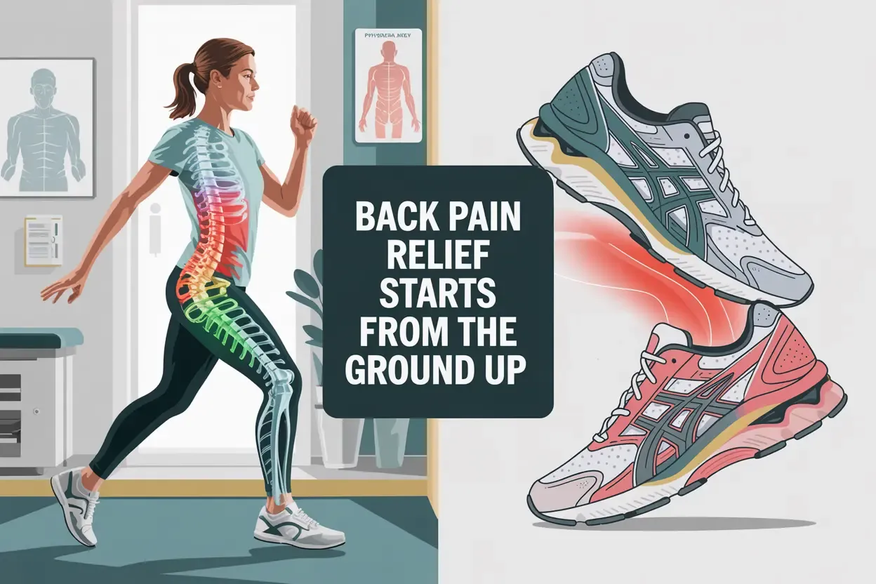 Illustration shows a person running with an illuminated spine on the left, and two sneakers with pressure points highlighted on the right. Text reads BACK PAIN RELIEF STARTS FROM THE GROUND UP