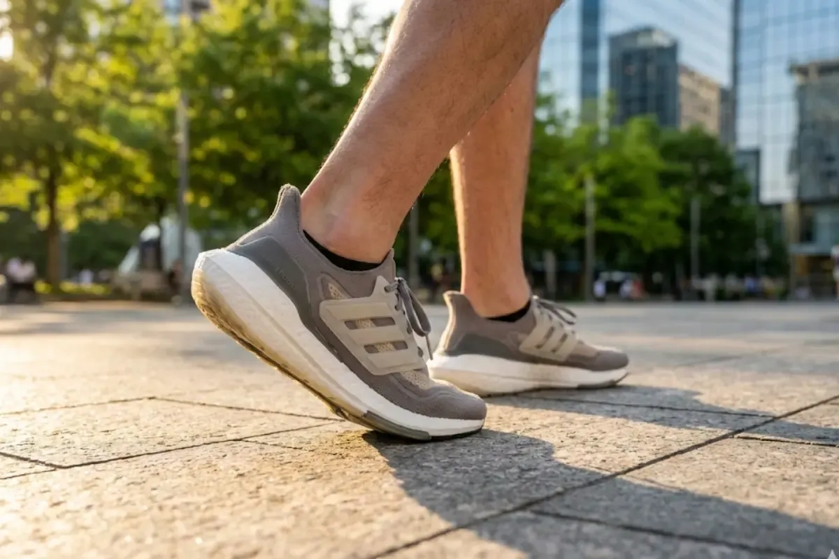 A close-up side view of a person walking in Adidas Ultraboost 5X sneakers on a city sidewalk, highlighting the Light BOOST cushioning and breathable Primeknit upper.