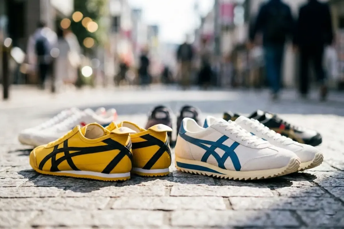 A curated collection of the best Onitsuka Tiger sneakers, featuring the yellow Mexico 66 and the California 78 EX with its signature shark-tooth tread, displayed in a stylish urban Japanese setting.