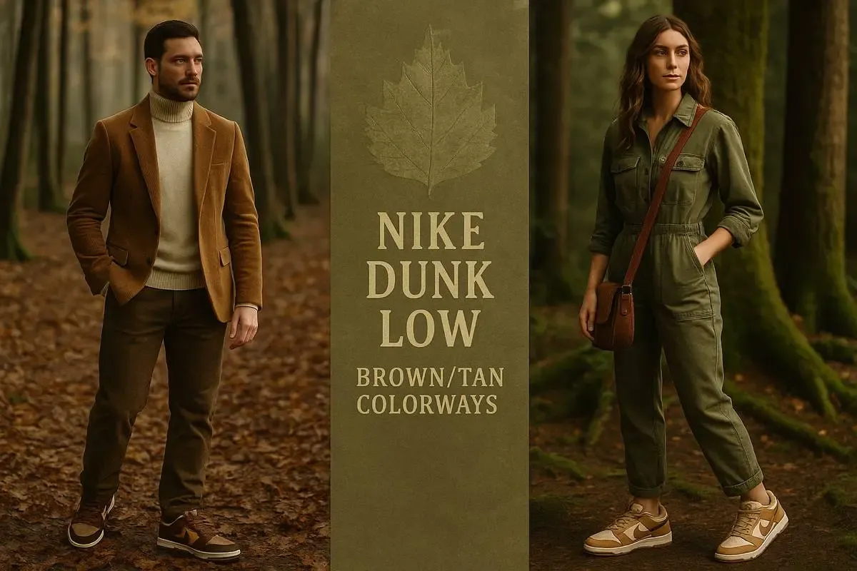Man and woman in autumn forest wearing brown and tan Nike Dunk Lows with fall outfits.
