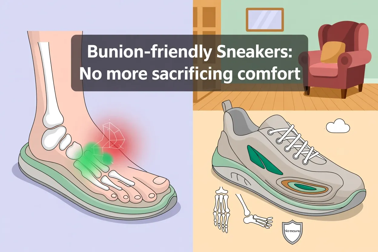 Illustration shows a foot with a bunion highlighted on the left and a sneaker with skeletal foot diagrams on the right. Text reads Bunion-friendly Sneakers: No more sacrificing comfort