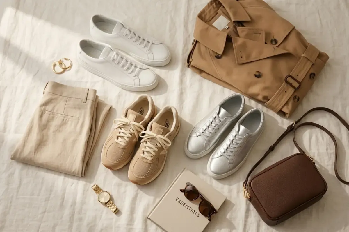 An aesthetic flatlay showcasing a neutral sneaker capsule wardrobe, featuring white leather, beige suede, and metallic minimalist sneakers styled alongside timeless everyday essentials like a camel trench coat, tailored trousers, and a leather handbag.