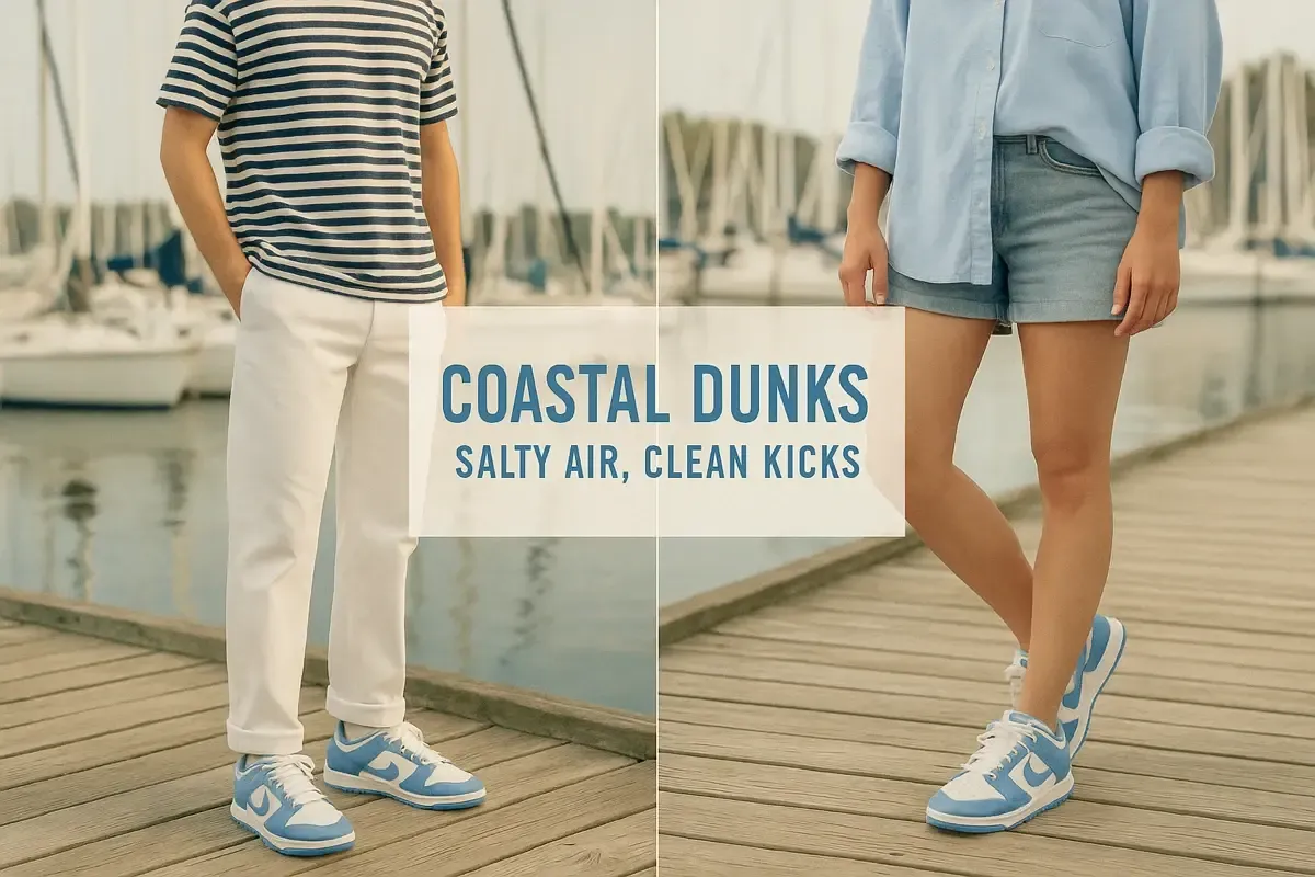 Split image for 'Coastal Dunks': on left, person in striped tee, white pants & Dunks; on right, person in chambray shirt, denim shorts & Dunks. Both on a dock with sailboats.