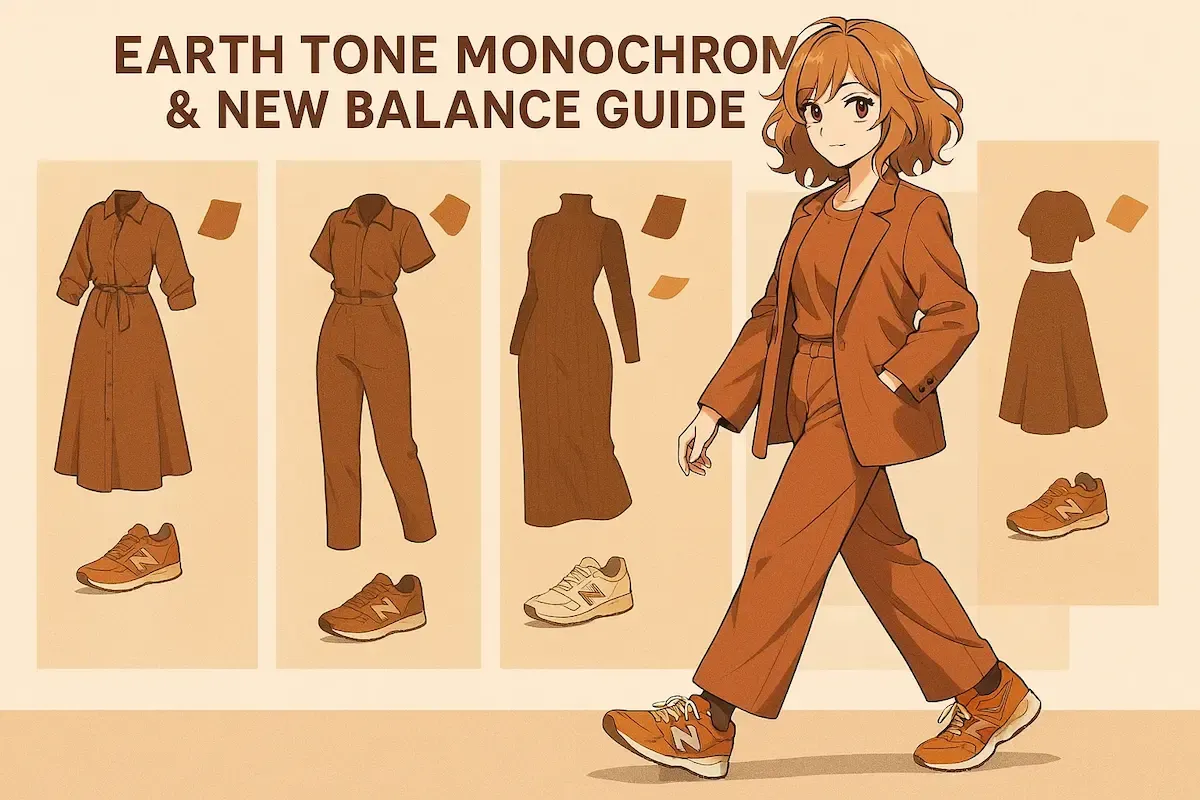 Anime character with orange hair wearing brown suit and orange New Balance sneakers. Background displays earth-tone outfit options with matching New Balance shoes. Title reads EARTH TONE MONOCHROM & NEW BALANCE GUIDE