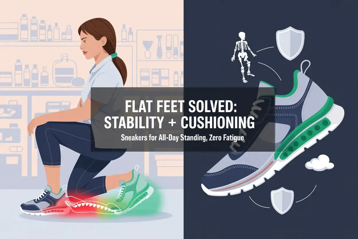 Advertisement for sneakers designed for flat feet, emphasizing stability and cushioning.