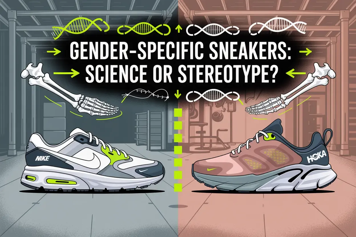 Illustration comparing gender-specific sneakers, featuring Nike Air Max and Hoka Clifton shoes with skeletal feet and DNA strands.