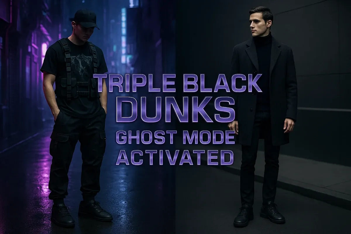 Two men in different all-black outfits with 'Triple Black' Dunks, text overlay "TRIPLE BLACK DUNKS GHOST MODE ACTIVATED"