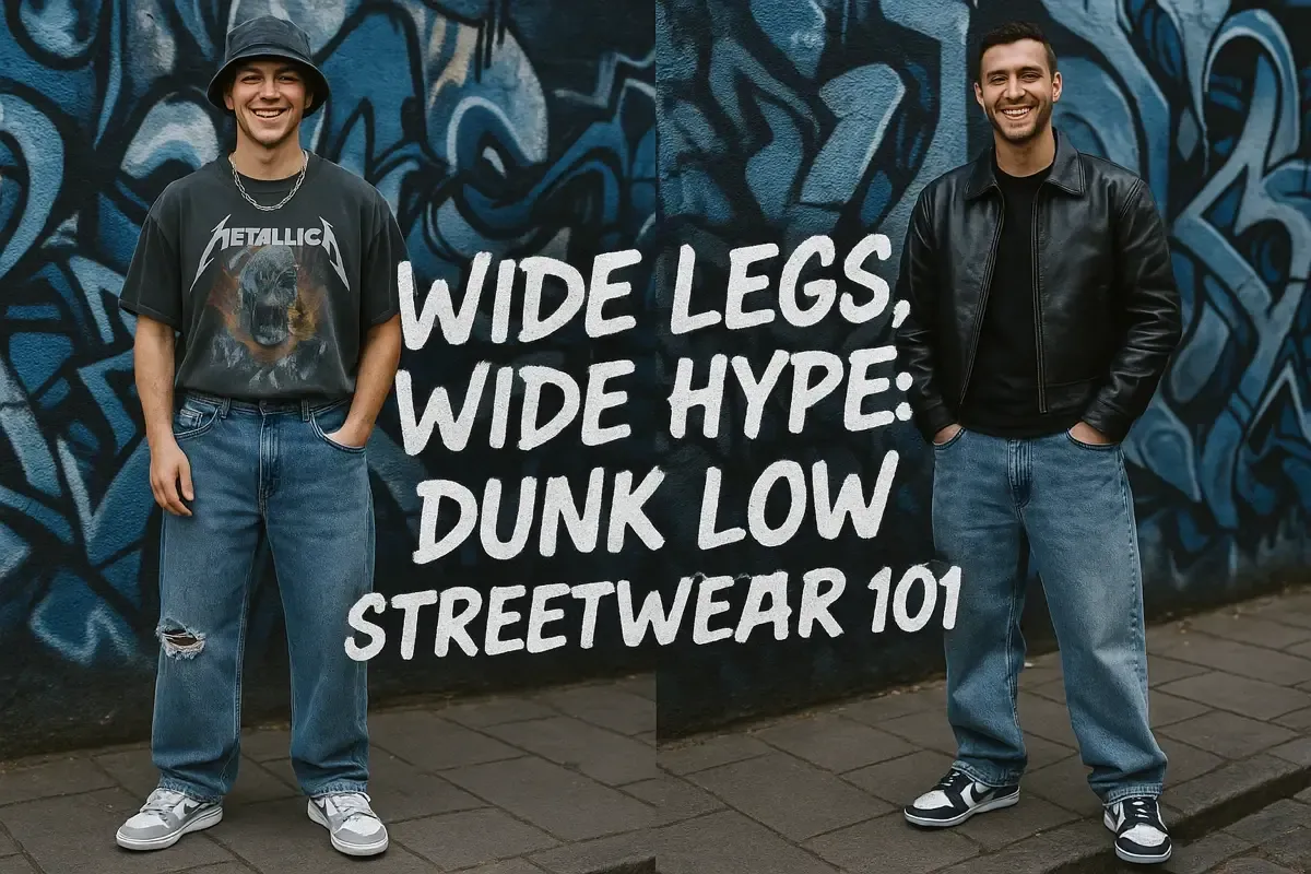 Men in Dunk Lows and wide-leg jeans, promoting a streetwear guide.