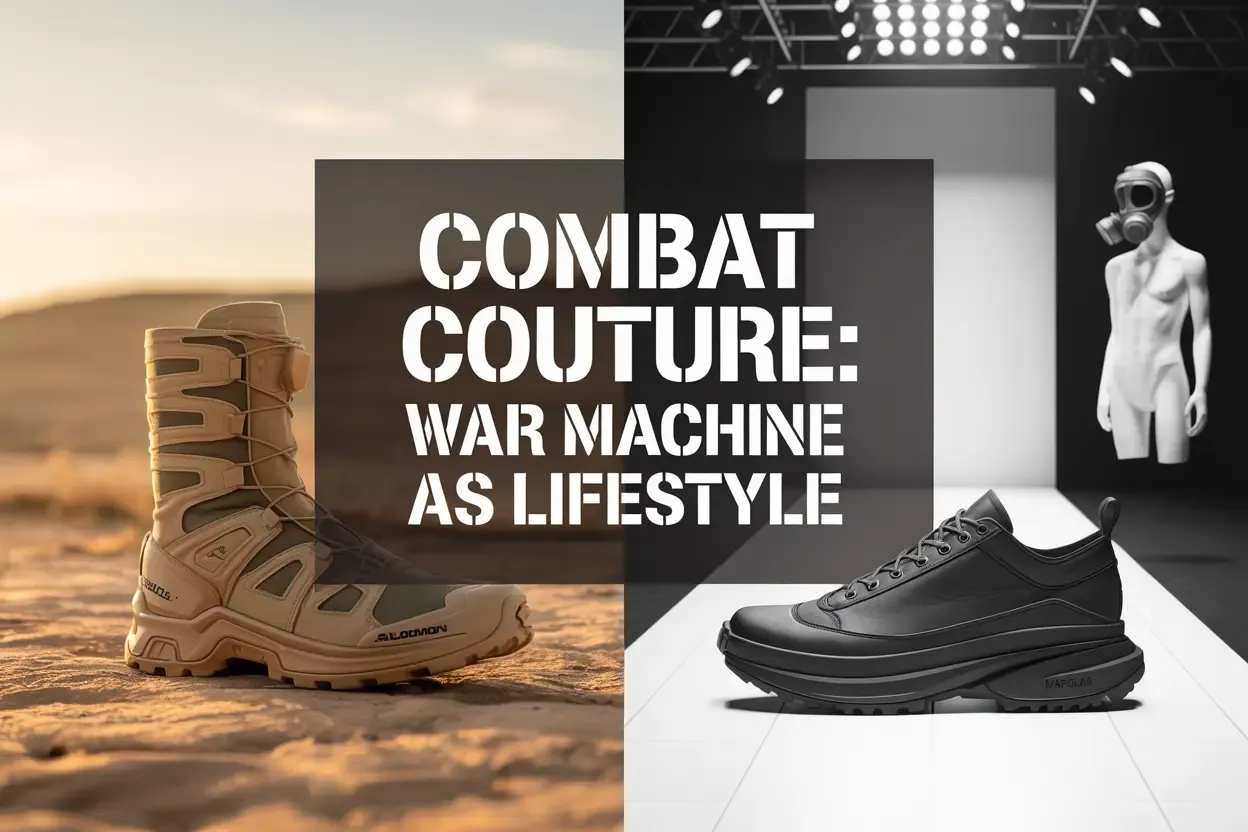Split image showing a combat boot in a desert and a black sneaker on a runway, text reads "COMBAT COUTURE: WAR MACHINE AS LIFESTYLE".