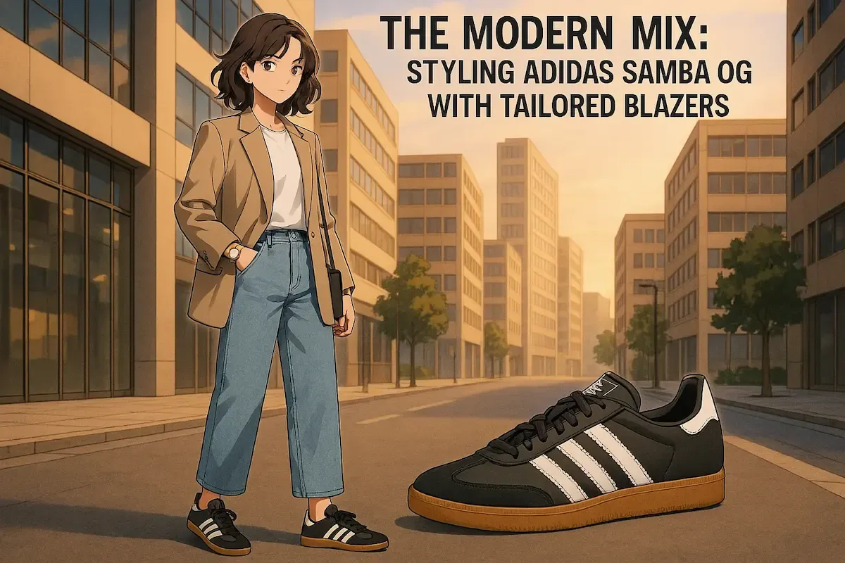 Anime character with wavy brown hair wearing beige blazer, white top, light blue jeans, and black Adidas Samba OG sneakers with white stripes and gum sole. Standing in urban setting at sunset with enlarged sneaker featured on right.
