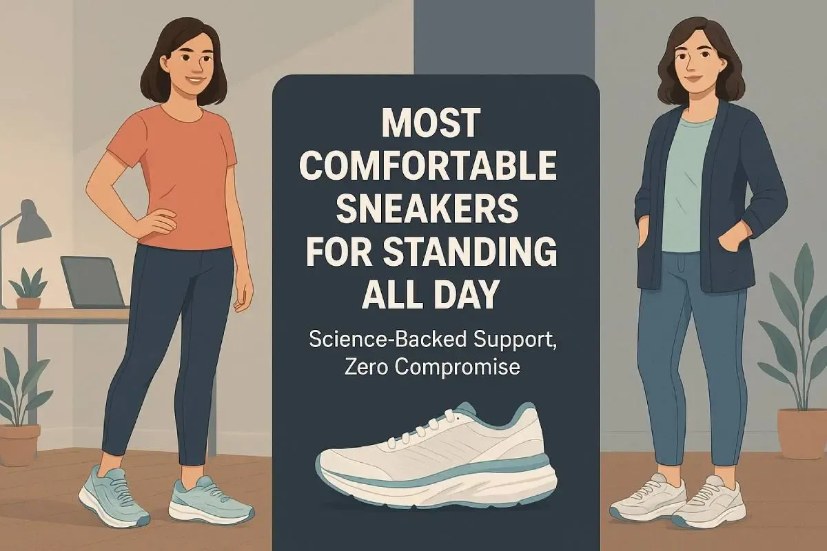 Two women in cushioned Hoka Bondi 8 and Brooks Ghost sneakers at standing desks; overlay reads 'Most Comfortable Sneakers for Standing All Day.'
