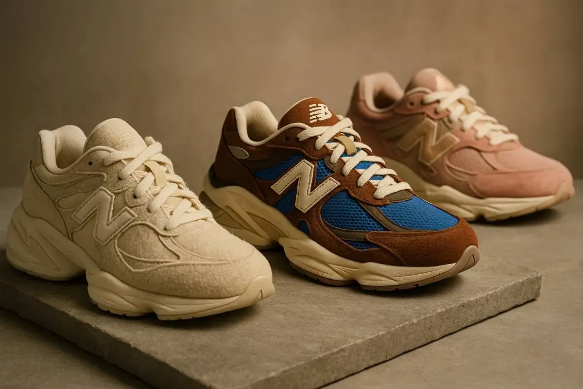 An artistic arrangement of the best New Balance 9060 colorways, including the Bodega, Joe Freshgoods, and Bricks & Wood collaborations, on a minimalist background.