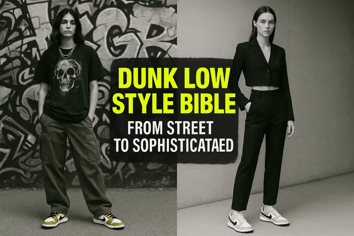 Two women styling Nike Dunk Lows: left shows a street style look with cargo pants and graphic tee; right shows a sophisticated look with a black blazer and trousers. Text overlay: 'DUNK LOW STYLE BIBLE: FROM STREET TO SOPHISTICATED'.
