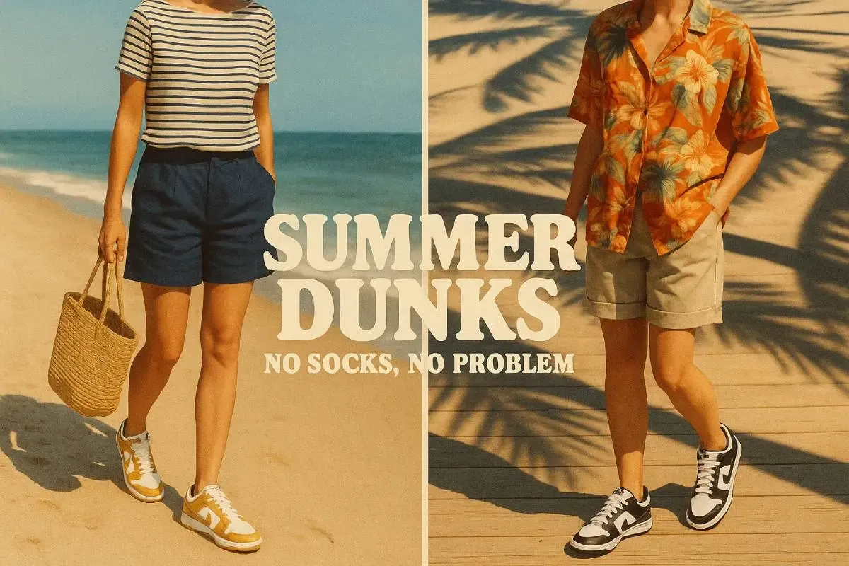 Two people wearing Nike Dunks with summer outfits, text "Summer Dunks, No Socks, No Problem."