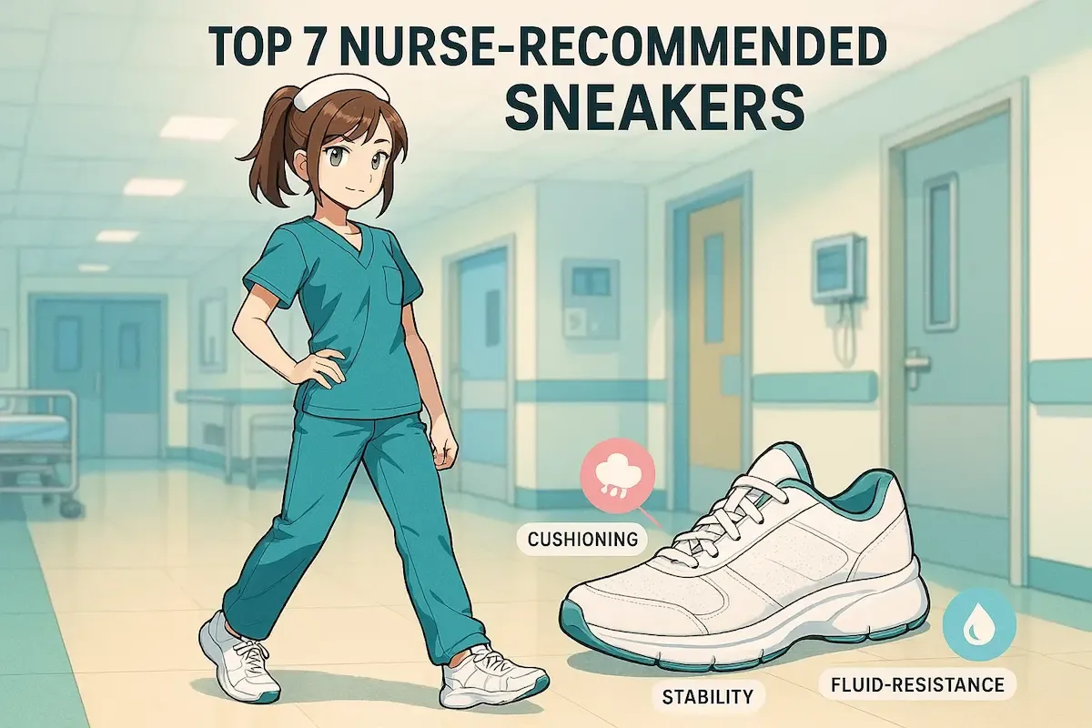 Anime nurse in teal scrubs and white sneakers standing in hospital hallway. Detailed sneaker shown with labeled features: cushioning, stability, and fluid-resistance. Text reads TOP 7 NURSE-RECOMMENDED SNEAKERS