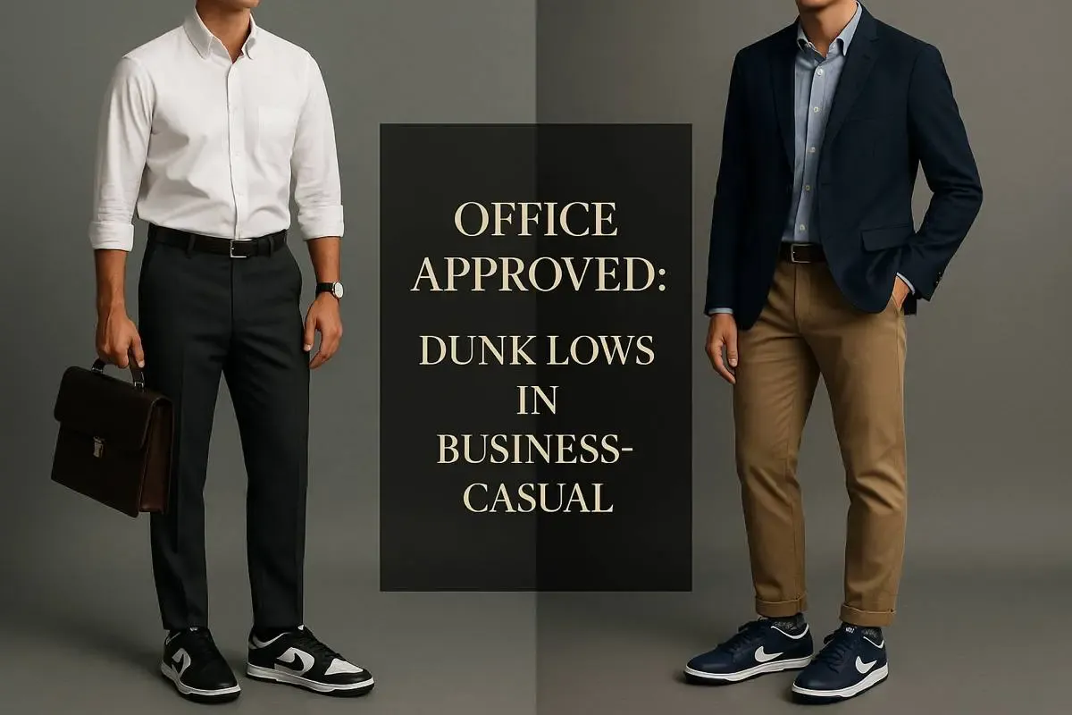 Two men in business-casual outfits featuring Nike Dunk Lows, with text "OFFICE APPROVED: DUNK LOWS IN BUSINESS-CASUAL."