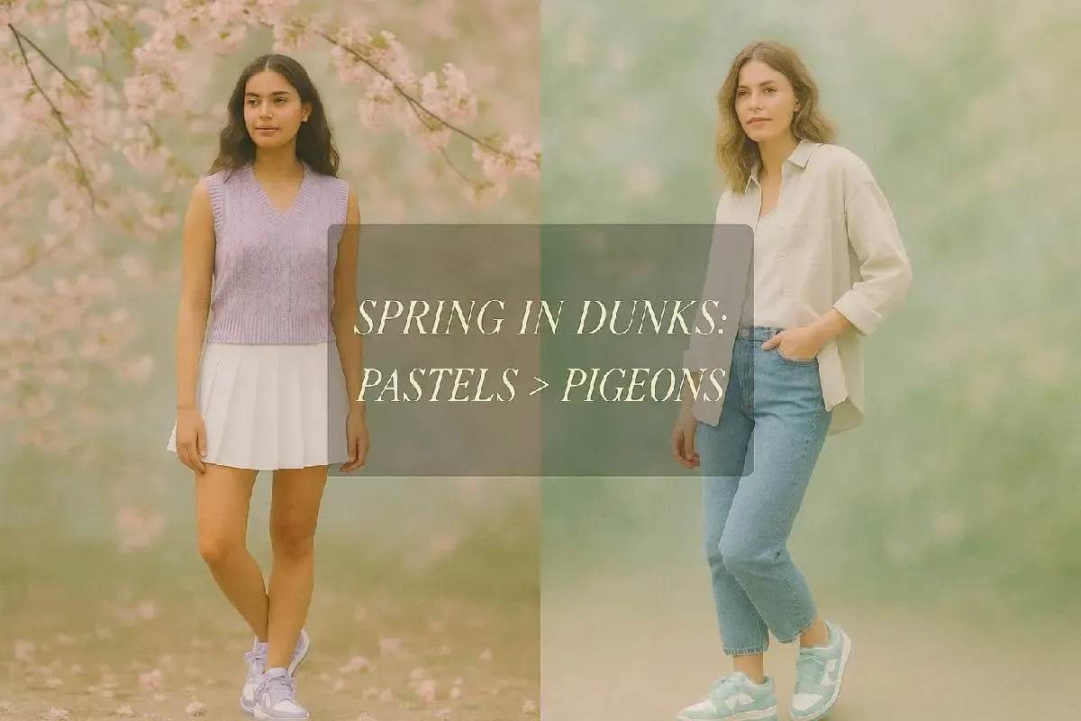 Spring Nike Dunk outfits: Left shows a lavender vest, white mini skirt, and purple Dunks. Right shows a cream shirt, jeans, and mint green Dunks. Text: 'SPRING IN DUNKS: PASTELS > PIGEONS'