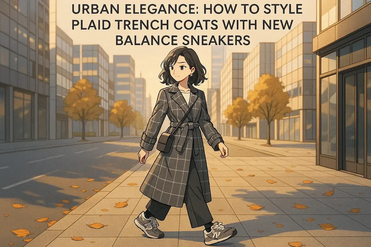 Anime character with black wavy hair wearing gray plaid belted trench coat, dark pants, small crossbody bag, and gray New Balance sneakers. Walking through autumn cityscape with golden-hour lighting and fallen leaves.