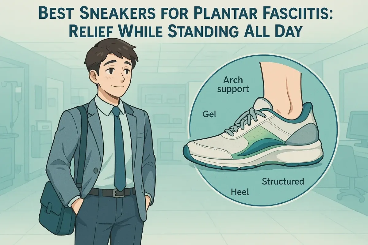 Illustrated infographic titled Best Sneakers for Plantar Fasciitis: Relief While Standing All Day showing a business man and diagrams of shoe features including arch support, gel, and structured heel.