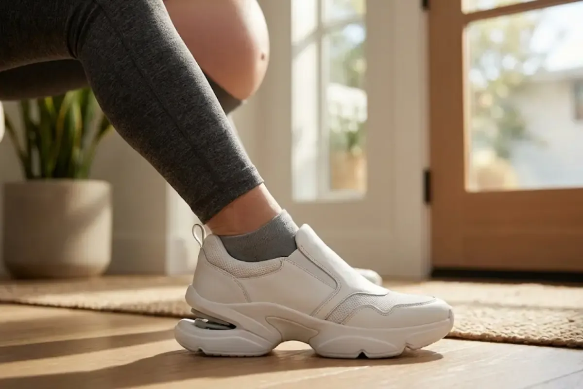 Pregnant woman stepping into hands-free slip-on sneakers for swollen feet without bending over.