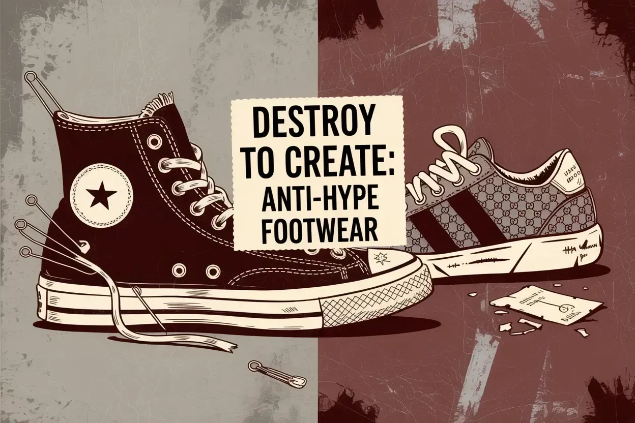 Illustration of a worn high-top sneaker and a discarded low-top sneaker with text "DESTROY TO CREATE: ANTI-HYPE FOOTWEAR".