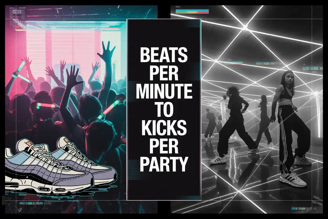 Split image with sneakers at a rave and dancers in a geometric space, text reads "BEATS PER MINUTE TO KICKS PER PARTY".