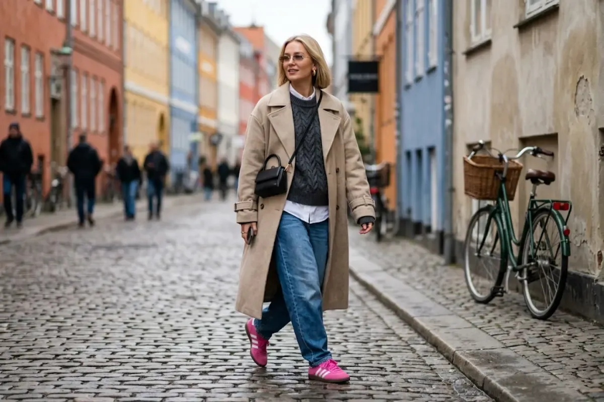 A fashionable woman walking down a Copenhagen street wearing an oversized trench coat, baggy jeans, and bright pink Adidas Gazelle sneakers, showcasing the trendy Scandi girl aesthetic and colorful sneaker street style.