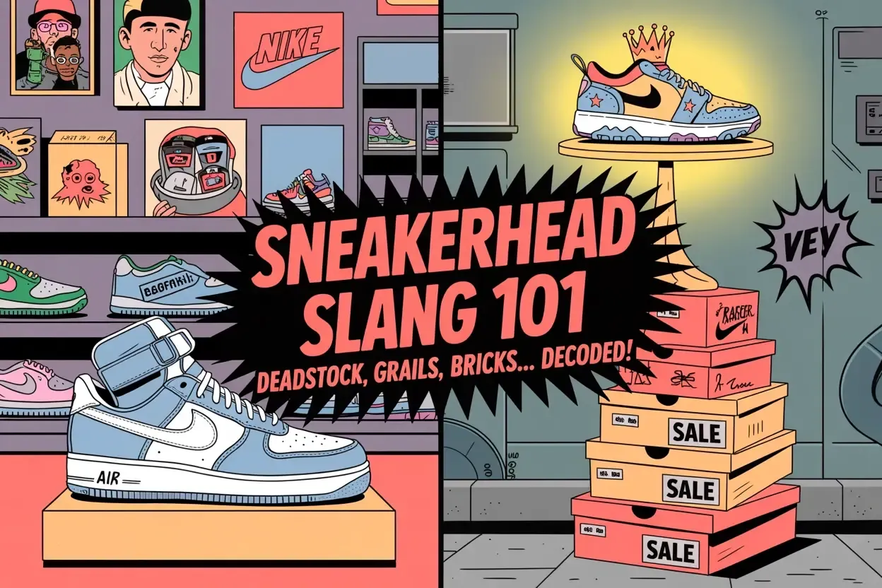 Illustration about sneakerhead slang, with various sneaker-related images on the left and a stack of shoeboxes with a crowned sneaker on top on the right.