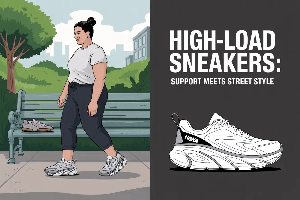 Split illustration shows a person walking in a park wearing sneakers on the left, and a close-up of a Hoka sneaker with the text HIGH-LOAD SNEAKERS: SUPPORT MEETS STREET STYLE on the right.