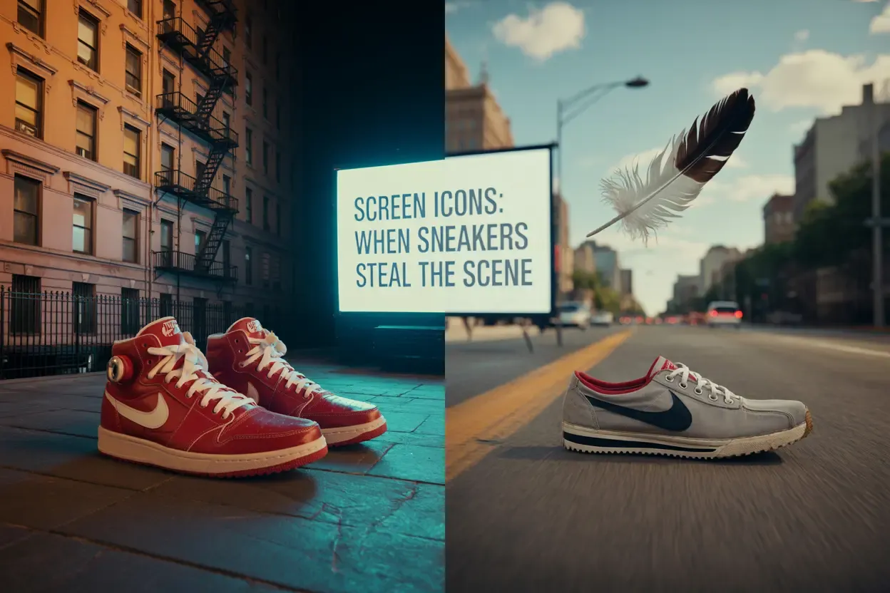 Split image showing iconic movie sneakers and a screen with text "SCREEN ICONS: WHEN SNEAKERS STEAL THE SCENE".