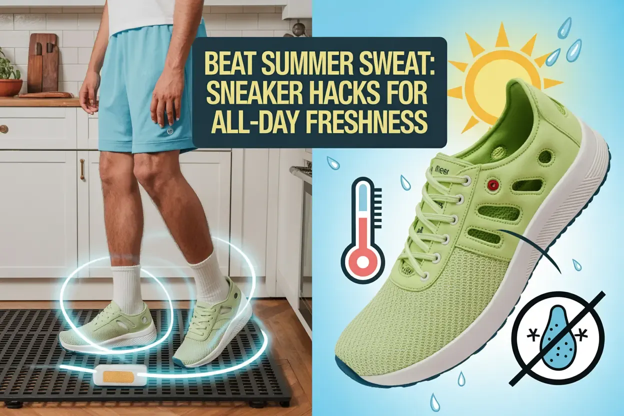 Beat Summer Sweat: Sneaker Hacks for All-Day Freshness, featuring a person with glowing sneakers and a sneaker with anti-sweat icons.