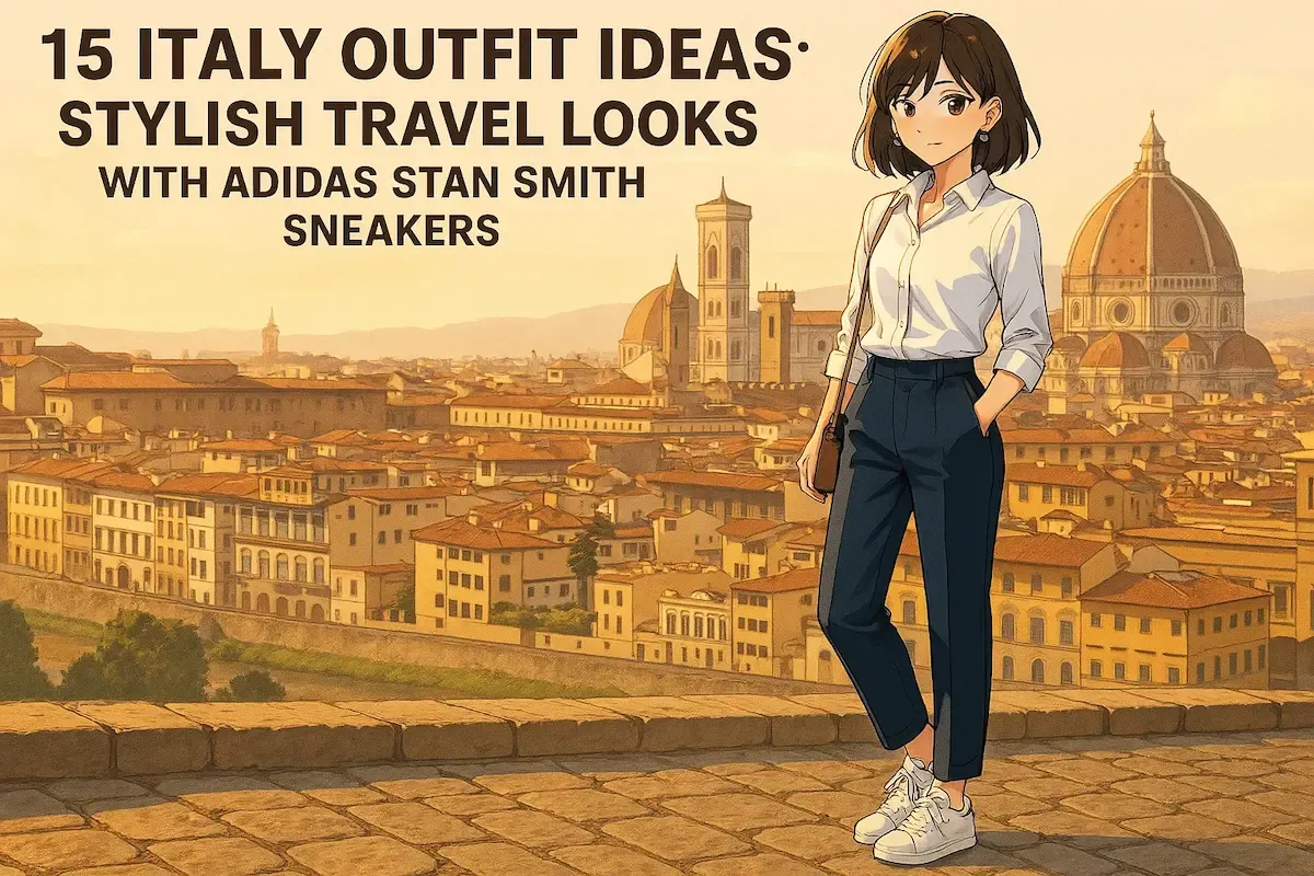 Anime character wearing white button-up shirt, navy trousers, and white Adidas Stan Smith sneakers standing against Florence cityscape with the Duomo visible in background.