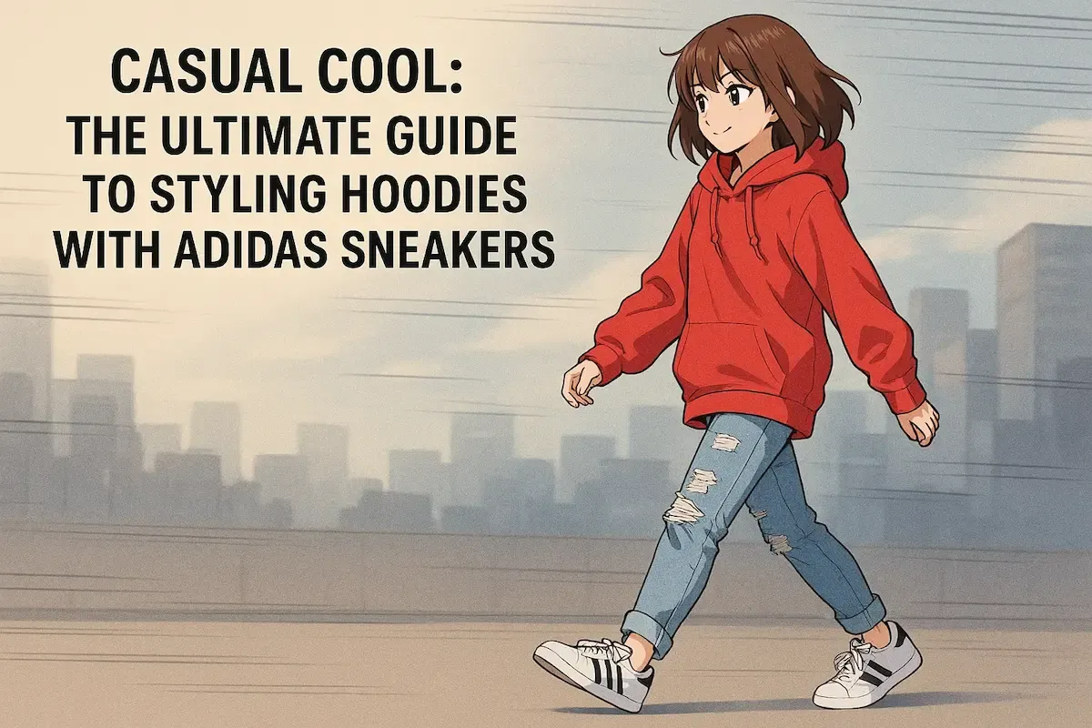Anime character in red hoodie and ripped jeans wearing Adidas sneakers, walking through city. Text CASUAL COOL: THE ULTIMATE GUIDE TO STYLING HOODIES WITH ADIDAS SNEAKERS