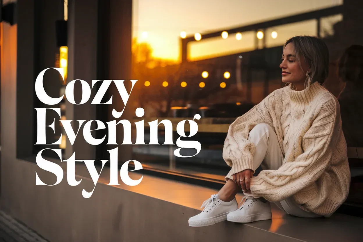Woman in oversized sweater and sneakers by cafe window during golden hour, text reads COZY EVENING STYLE, warm ambient lighting creating cozy atmosphere