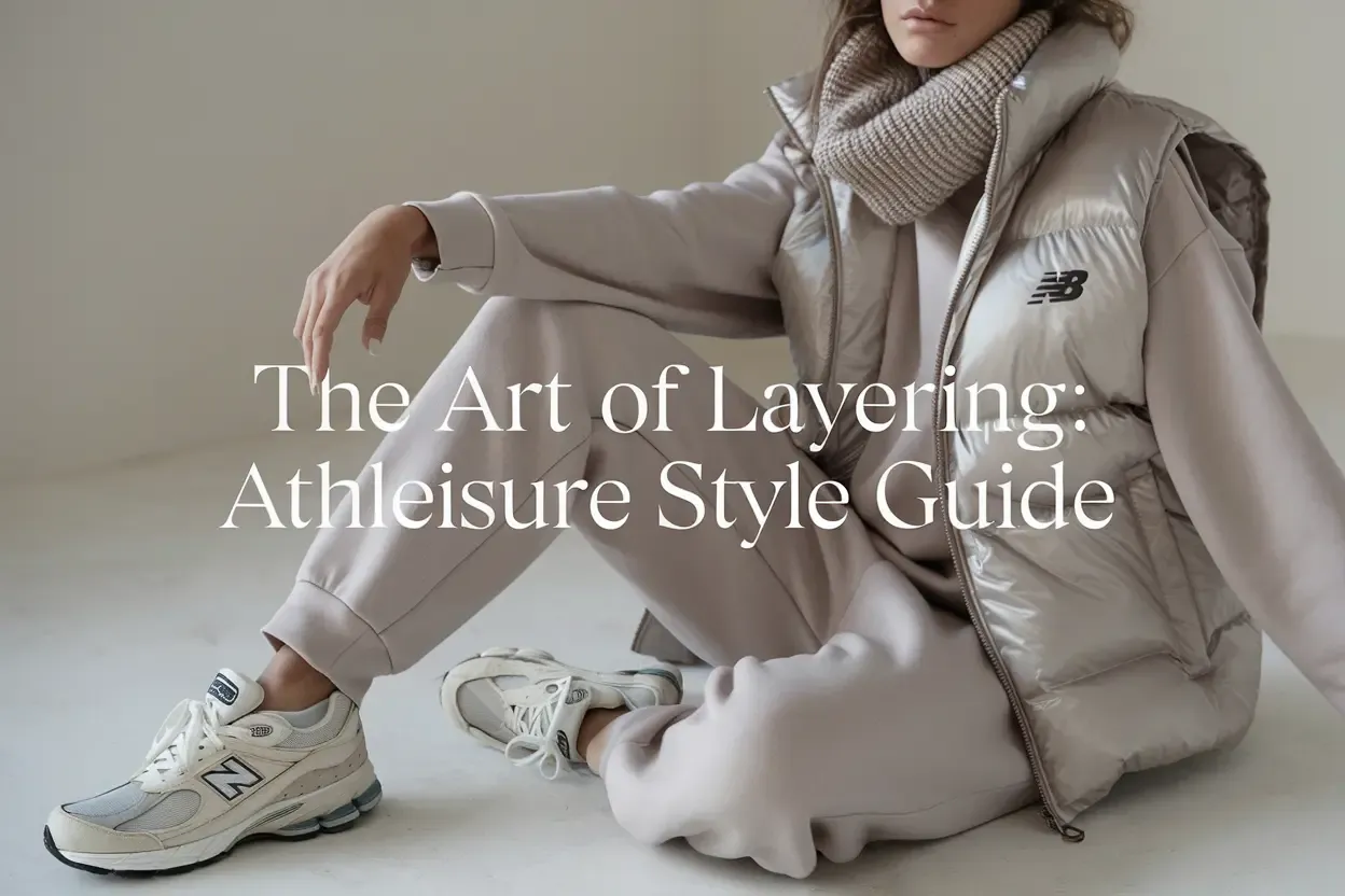 Minimalist athleisure thumbnail featuring woman in monochrome beige outfit with New Balance puffer vest, knit scarf, joggers and white sneakers against light background, overlaid with serif text The Art of Layering: Athleisure Style Guide