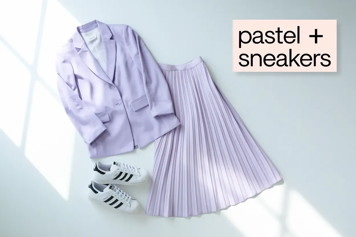 Flat lay of lilac blazer and pleated skirt with white Adidas Superstar sneakers on white background, text reads pastel + sneakers