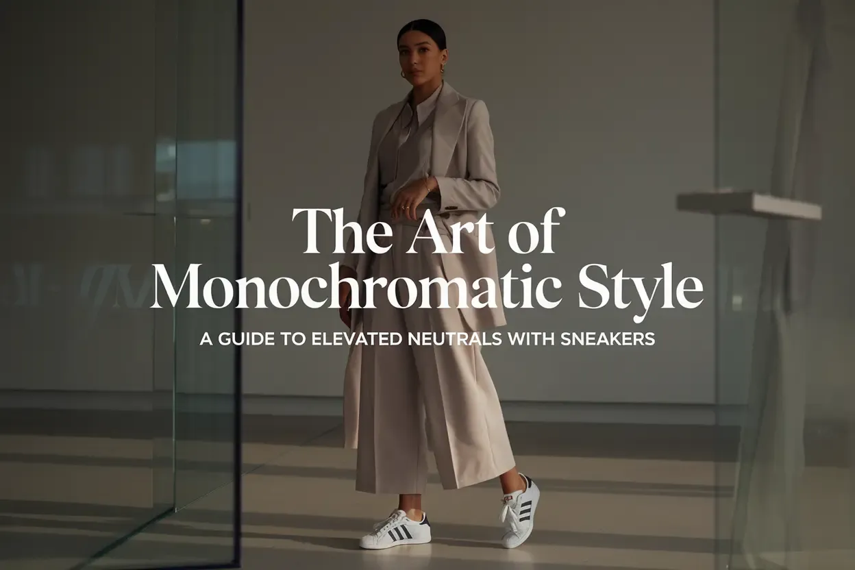 Woman in monochromatic beige suit and white Adidas sneakers standing in modern office space, with white text overlay The Art of Monochromatic Style