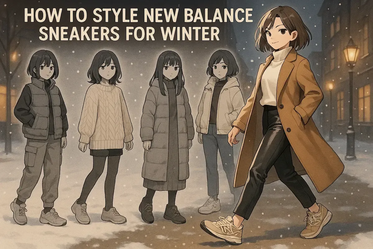 Anime character in camel coat, white turtleneck, and black pants wearing beige New Balance sneakers. Four silhouetted figures behind her display winter outfit options (puffer jackets, sweaters, coats) all paired with New Balance shoes.