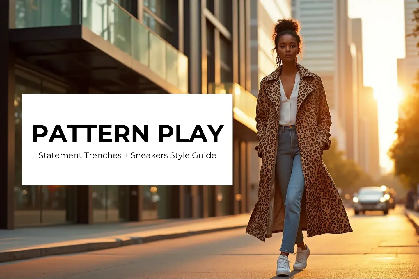 Woman in leopard print trench coat and sneakers walking at sunset, with Pattern Play text overlay and urban background