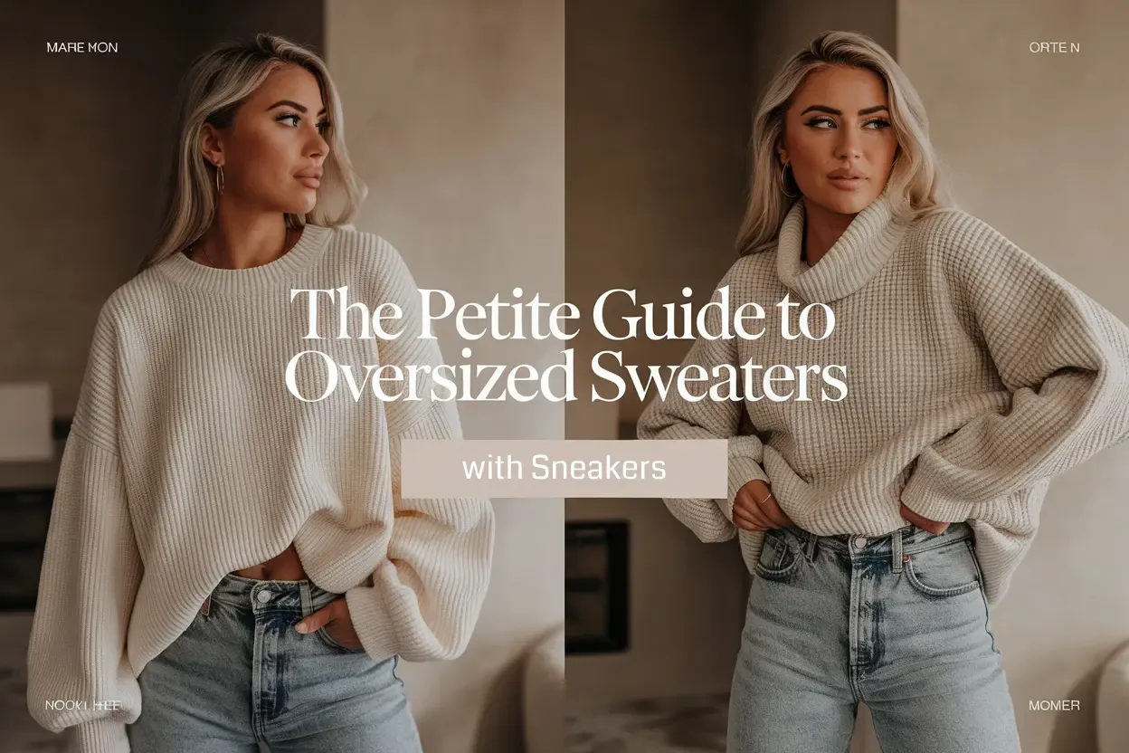 Side-by-side styling of white oversized sweaters with jeans - crew neck version on left, turtleneck on right. Text reads The Petite Guide to Oversized Sweaters with Sneakers