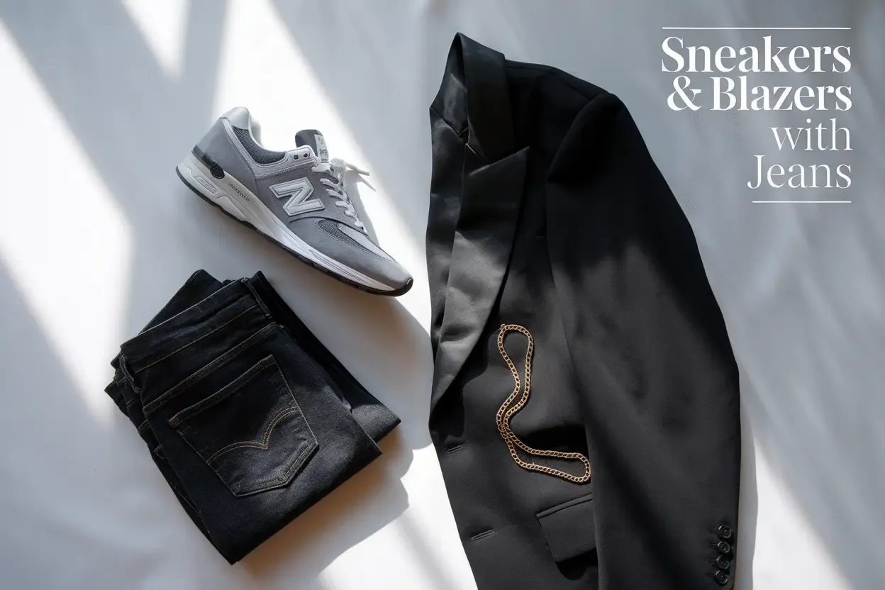 Minimalist fashion flat lay featuring a black blazer gray New Balance sneakers, and folded dark wash denim jeans on a white background with dramatic window light shadows. Text overlay reads Sneakers & Blazers With Jeans.