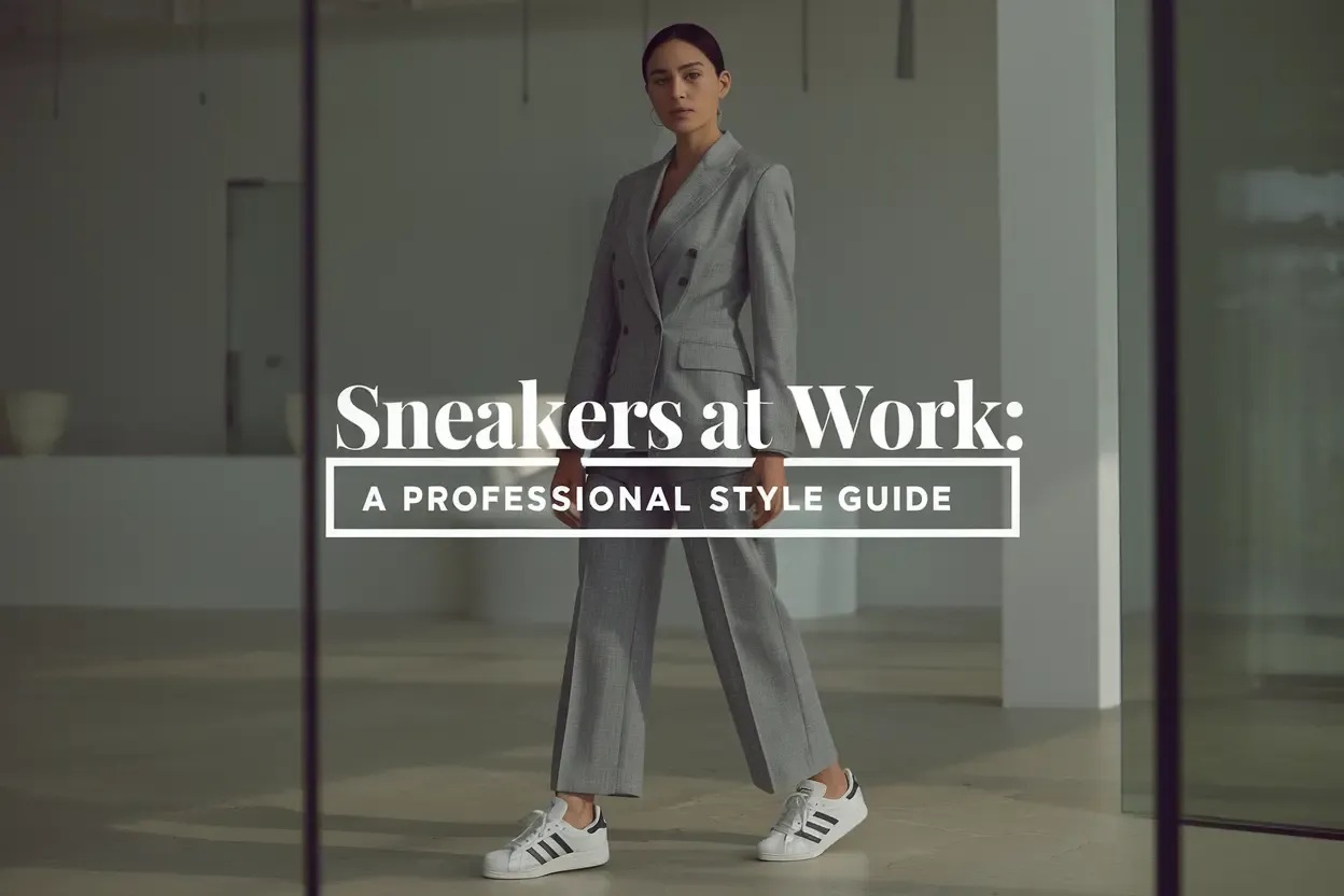 Blog post thumbnail featuring professional woman in gray power suit and white Adidas sneakers standing confidently in minimalist office space, with white text overlay reading Sneakers at Work: A Professional Style Guide in serif and sans-serif typography