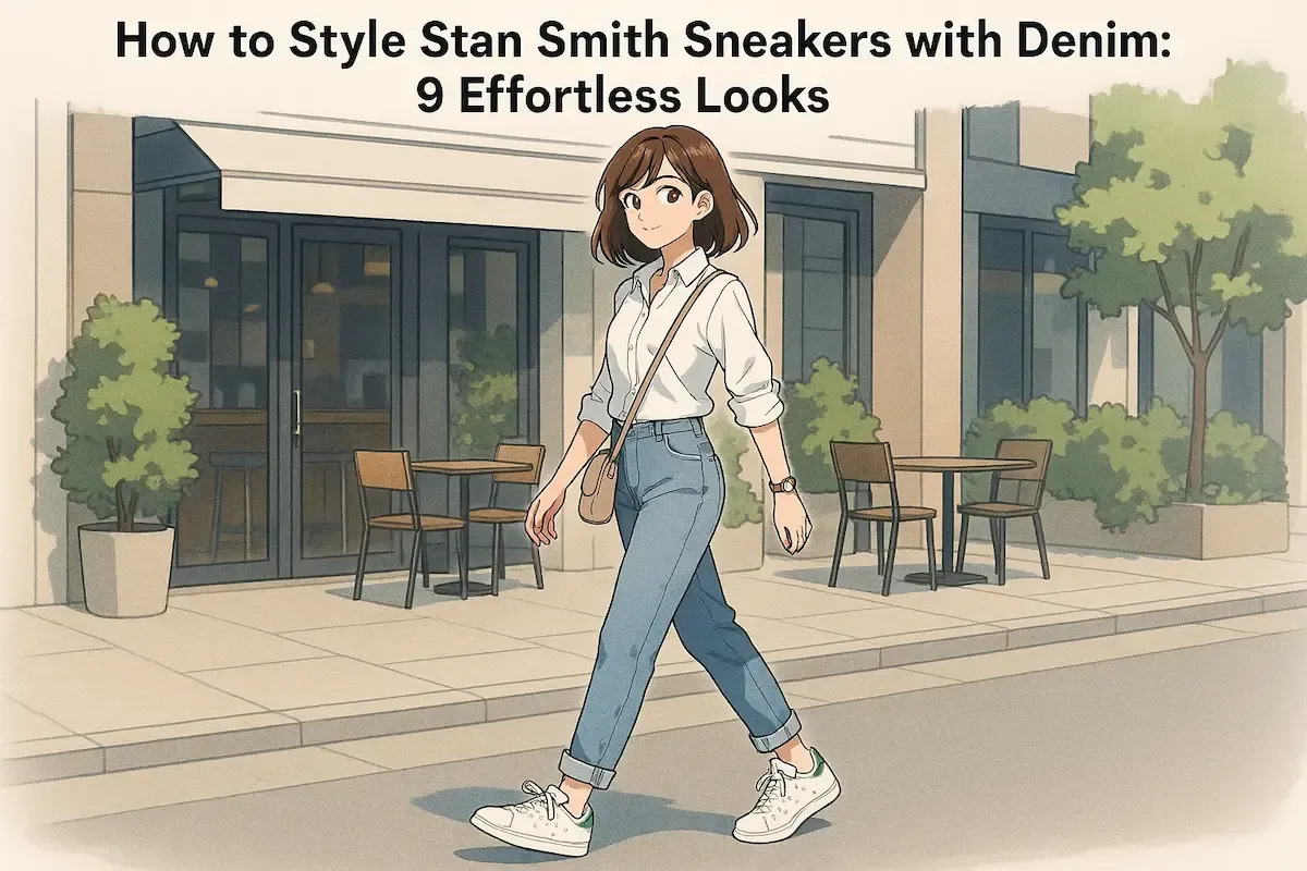 Anime character with brown bob hairstyle walking past a cafe, wearing classic white button-up shirt, blue cuffed jeans, small crossbody bag, and white Adidas Stan Smith sneakers with green detailing.